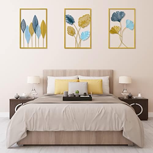 Rebala Decoração de arte de parede de metal dourado, sala de estar de parede azul e dourada, decoração de arte de parede de folhas