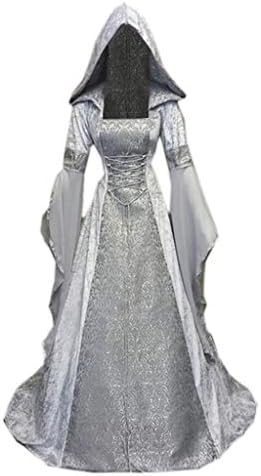 Vestido de bruxa medieval vintage com capuz de casca de bruxa vestido de trompete manga medieval vestido de noiva de halloween