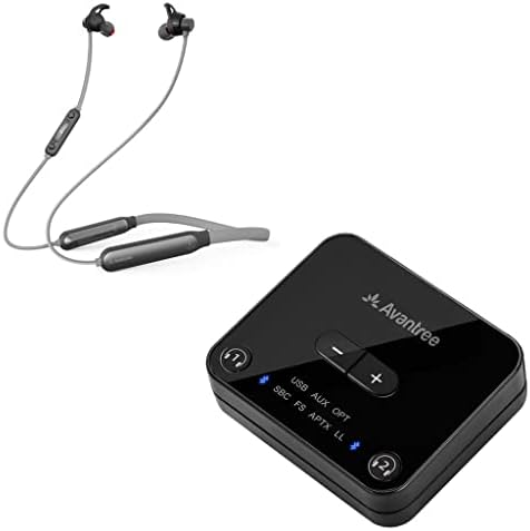 Avantree Audikast Plus & NB18 Bundle - Bluetooth 5.0 Transmissor e fones de ouvido de banda de pescoço para assistir TV sem atraso de sincronização labial, link duplo e alcance de 100 pés de classe 1