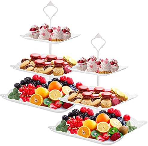 Suporte de cupcakes, 2 conjunto de placas de sobremesa de três camadas mini bolos de frutas doces exibir torre biscoito bandeja de bandeja de doces buffet buffet bolo de plástico stand para casamento em casa feriado aniversário de feriado