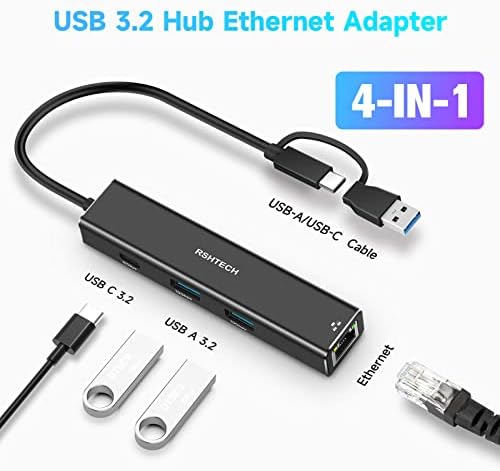Adaptador USB para Ethernet, RSHTECH USB 3.2 Gen 2 Hub com RJ45 Gigabit Ethernet, 10 Gbps USB-C e 2 portas de dados