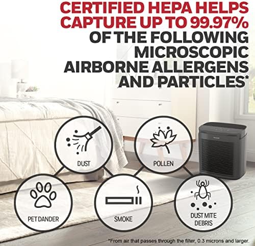 Honeywell PowerPlus HEPA Purificador de ar, redutor de alérgenos para salas médias/grandes pretas - incêndio/fumaça, pólen, pêlos