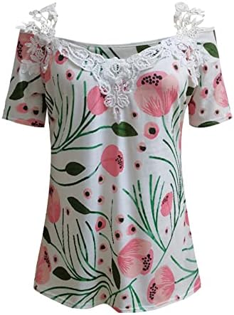 Camiseta de camisetas camiseta feminina de renda de ombro de ombro de ombro floral Manga de camisa Summer regular