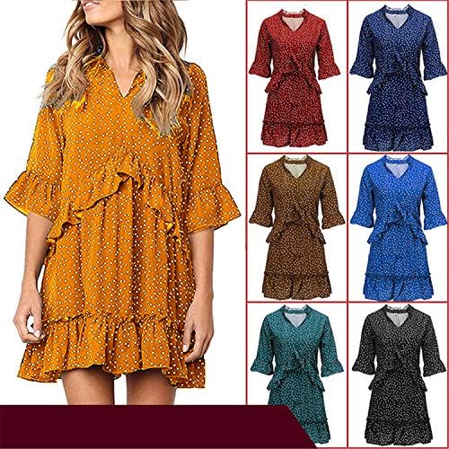 ANDONGNYWELL WOMENS POLKA DOT V VENDOS DE NECÇÃO RUSLO LONGO LONGA MINI VESTIDO CHIFFON DE CHIFFON RUFFLES vestidos de saia