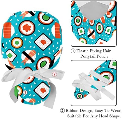 Lorvies Medical Caps for Women With Buttons Long Hair, Bapa de trabalho ajustável de 2 peças, Sushi tabular diferente multicolorido