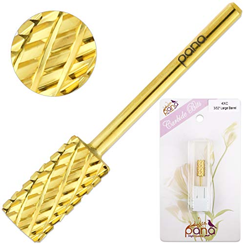 Pana 3/32 Tamanho da haste - tampa plana de grande cano grande carboneto de ouro 4x grão grosso - broca de unhas para exercícios de unhas de arquivo eletrônico