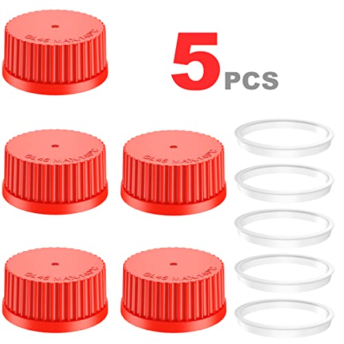 KS-TEK 5PCS GL45 Caps de parafuso com anel de vazamento para garrafas de vidro de laboratório, polipropileno, 45 mm