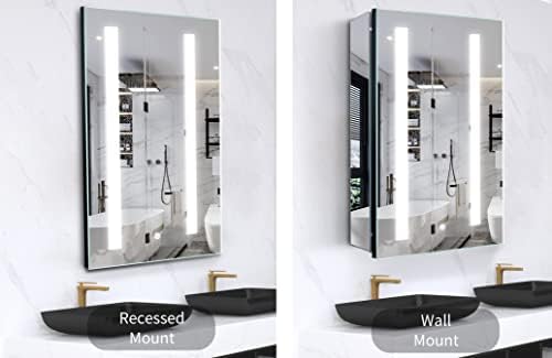 FOMAYKO LED MEIRROR MEDERIA RECUTADO OU SUPERFÍCIE, 16 x26 polegadas de espelho de espelho do banheiro com desfiladeiro, escurecimento, 3 cor de parede ajustável de cor armário de parede com luz