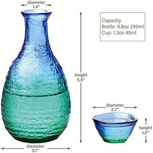 Conjunto de saquê Tikusan, garrafa azul e 2 xícaras feitas no Japão