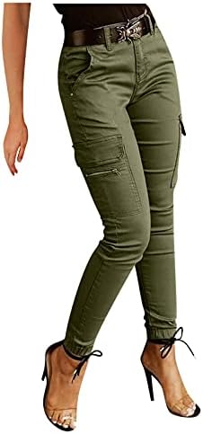 Calça de carga sólida de cargo feminina casual Belt Casual Zipper Pocket Pocket Lá -is sem calças de design para mulheres calças de ioga elegante