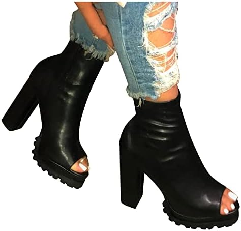 Haoricu Botas de dedo do pé aberto para mulheres calcanhares grossos de couro de moda Peep peep dedo bea cunha de botas intermediárias