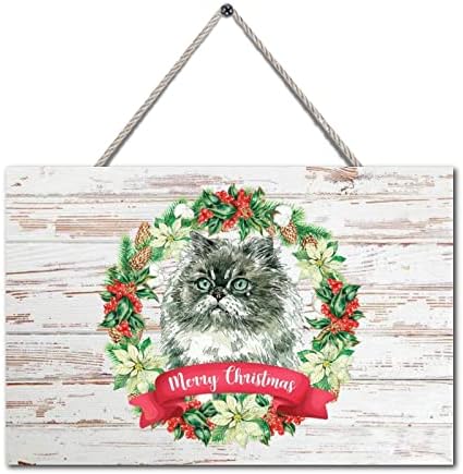 Placas de boas -vindas ao ar livre Cat Christmas Holly Wreath Wall Wall Art Wood Sign Places Decorações rústicas de Natal para restaurante