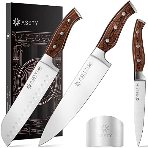 Facas de cozinha Asety, Ultra Sharp e Alemão Chef de Aço Antelhado Alemão Chef Conjunto com Guarda dos Pedros, NSF Safe de comida, alça de pakkawood ergonômica, 3 PCs Faca profissional com caixa de presente