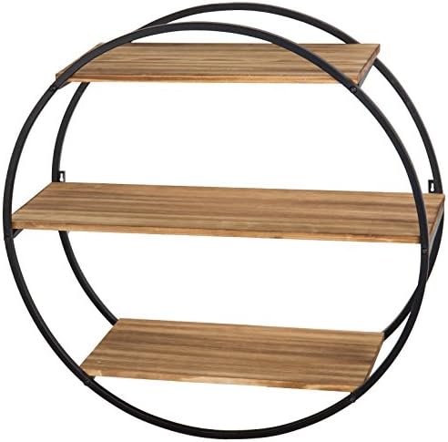 Moderna Circular Circular Metal e prateleira flutuante montada na parede de madeira / rack decorativo de 3 camadas, 22 polegadas