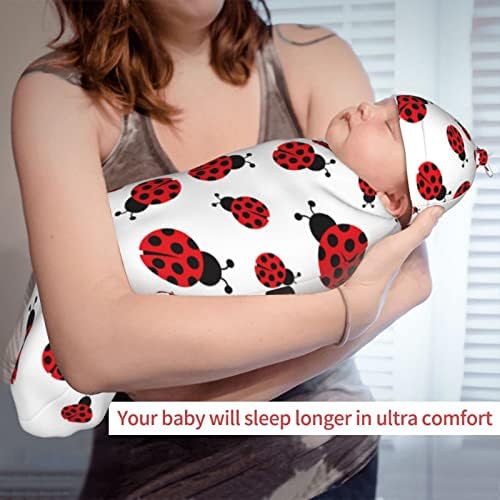 Gundan Ladybug Pattern Swaddle Blanket Feanie Sets Unissex recém -nascido recebendo cobertor bebê garotas presentes macios saco para chá de bebê, preto1, tamanho único