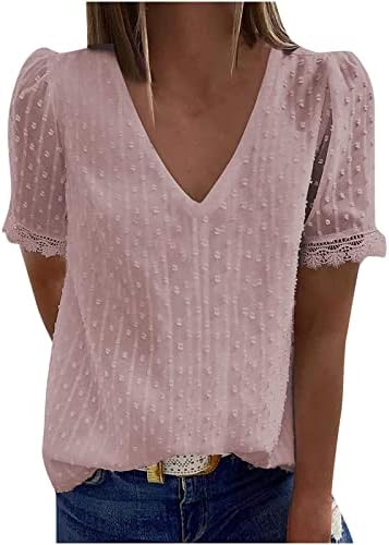 Camiseta da blusa para meninas cair roupas de verão de manga curta renda chiffon v pescoço casual top ek ek ek