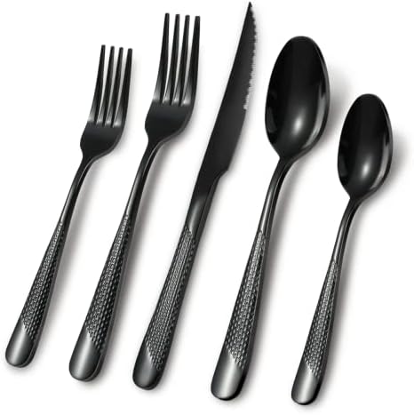 Conjunto de talheres pretos de 40 peças, talheres de talheres de aço inoxidável martelados Conjunto de talheres para 8, utensílios modernos de utensílios de cozinha Conjunto de tabela inclui facas/garfos/colheres de jantar para casa, acabamento espelhado, lava-louças