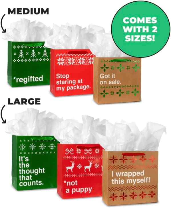 Sacos de presente de Natal com Elfos Tipsy com papel de seda incluído - pacote variado com 3 grandes 10 + 3 médio 10,5