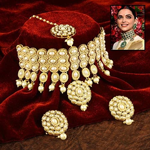 Aheli elegante Bollywood Diva Deepika Padukone Recepção projetada Colar Cheker com Maang Tikka Conjunto de jóias tradicionais de moda de casamento indiano para mulheres meninas