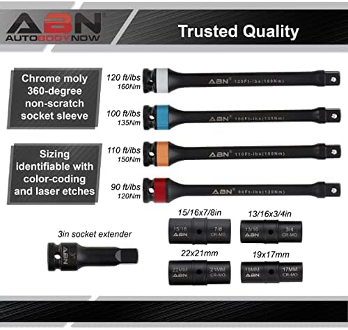 ABN 1/2in Drive Socket Socket Metric 17-22mm SAE 3/4-15/16in 9pc Limitador de extensão do torque da porca do terminal 90-120 ft/lb