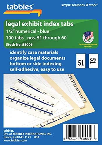 Tabbies 58004 Guias de índice de exposição numérica legal, borda de cor azul, abas de 1/2 , 100 guias/pacote