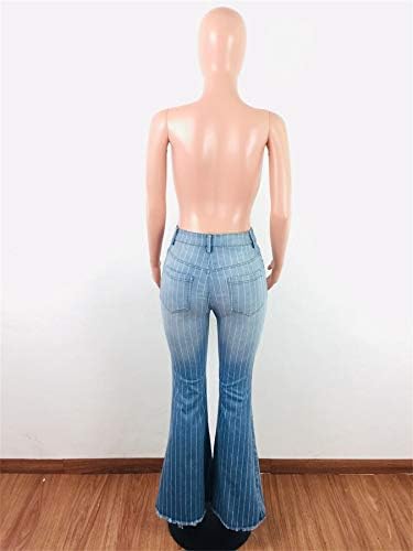 ANDONGNYWELL Women Feminino Cantura larga perna larga Slim Fit Listed calça jeans de sino com botão com zíper