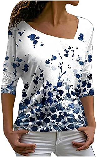 Camisas Casuais Casuais Camisas V Impressão floral de colarinho irregular de coleira longa Camiseta impressa T-shirt Relaxed