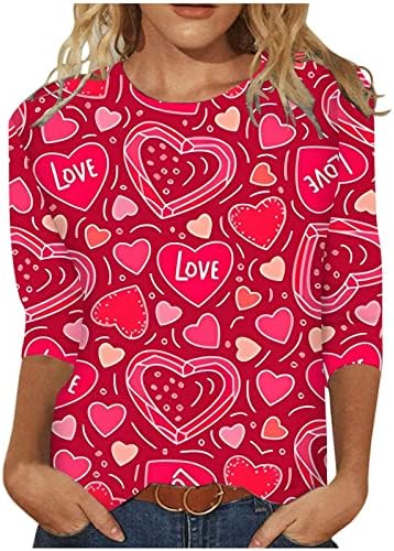 Camisas dos namorados para mulheres blusas de férias fofas 3/4 manga de manga Crewneck Casual Tunic Tunic Top Tre-shirt de estampa de coração