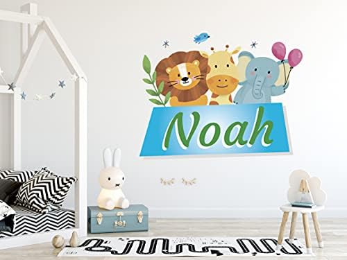 Nome personalizado com girafa de leão e elefante - Série de animais Decalque de parede - decalque de parede para decoração de