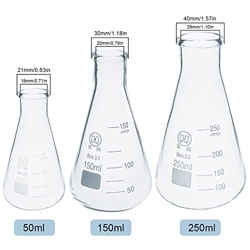 Adamas-beta 3pcs Erlenmeyer Flask Lab Lab Lab Flasks Gabinetes de ciências dos copos de ciências de 50 ml, 150ml, 250ml de vidro de