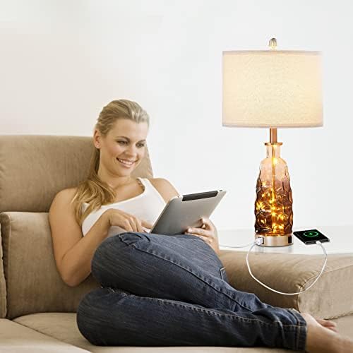 Yameiwan 28 Dimmable Touch Toup Table Lamp de 2, lâmpada de mesa de vidro com portas de carregamento USB A+C, lâmpada de camas com luzes de fada, lâmpada de mesa para sala de estar
