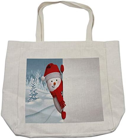 Bolsa de compras em boneco de neve de Ambesonne, personagem engraçado de espreito com cenário pacífico da floresta coberta de neve,