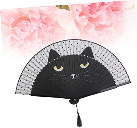 Besportble 2pcs fãs de mão portáteis fãs dobráveis ​​fãs de mão fã dobrável fã fã de seda cartoon gato Miss Miss Black