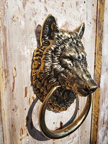 Knocker da porta da cabeça do lobo, 6,3 polegadas de altura, latão sólido, ornamento da porta da frente do lobo