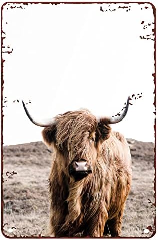 Decoração de vaca Highland Annodland Highland Cow Buffalo Prind Cattlehouse Farmhouse Tin Signs para garagem Tin Sign Chic Decorações de metal de parede engraçadas Placa de ferro Função Presente 8x12 polegadas