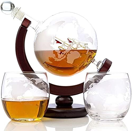 Rakute Whisky DeCantador Whiskey Globe Decanter Set gravado World Globe Decanter para vinho tinto, licor, bourbon, vodka, com 2 copos, acessórios para barras para homens para decantadores de licor