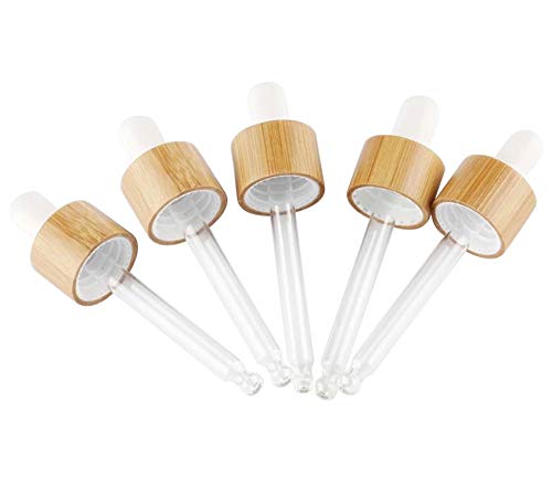 5 Pacote de colírio de vidro para óleos essenciais, tampa de pipeta de gotas de vidro com círculo natural de bambu para garrafas