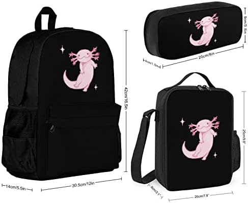 Cartoon Pink Axolotl 3 PCs Backpack Set College Laptop Bag com lancheira e caixa de lápis