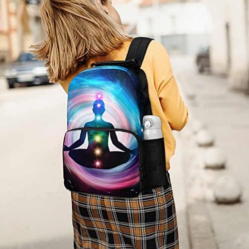Meditação espacial com chakras brilhantes mochila impressa mochila de 16 polegadas Daypack de grande capacidade Laptops para homens Mulheres