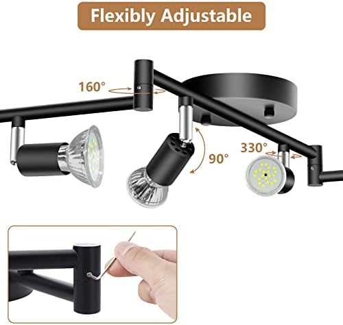 Kit de iluminação de trilha LED Pesuten 6 Lights, iluminação de ponto dobrável de teto com cabeça flexível rotativa, luz preta mata para o armário da sala do corredor da cozinha, lâmpadas GU10 não incluídas