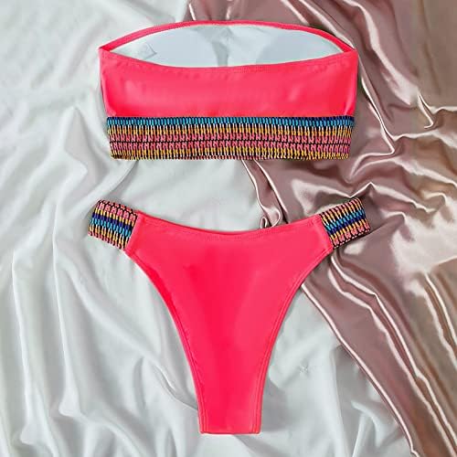 Menina de banheira de 2 peças de 2 peças colorido bloco de cor sem alças Bandeau de cintura alta Bikini conjunto de roupas de