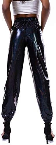 Siaeamrg feminino brilhante cintura alta alta calças de corredor elásticas, look molhado clube de hip hop use calças holográficas