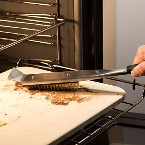 Hans Grill Limping Brush and Ruscador para Pizza Stone/forno | Ferramenta de 17 ”2-em-1 com cerdas de latão à prova de calor sem arranhões e raspador de aço inoxidável | Cabeça de escova resistente ao calor e alça