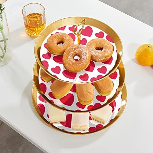 3 Placa de fruta de cupcake de 3 camadas de sobremesa Plástico para servir suporte de exibição para casamento de aniversário Decorações de chá de chá de chá de bebê redondo, corações de amor rosa Valentin Pattern