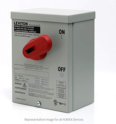 Leviton N3602 60 amp, 600 volts, alternar no gabinete do tipo 3R, polo duplo, interruptor de partida do motor CA,