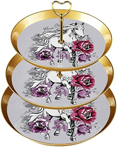 3 bolo de sobremesa de camada suporte de cupcake de ouro Stand para festa de chá, casamento e aniversário, cavalgando branco e peônia rosa, flores de tulipa violeta