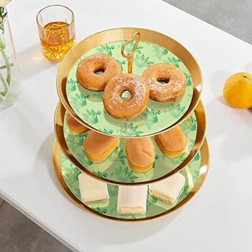 3 Placa de fruta de cupcakes de 3 camadas de sobremesa Plástico para servir suporte de exibição para casamento de aniversário Decorações de chá de chá de chá de bebê redondo, padrão de pavão verde