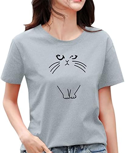 Gráfico feminino feminino de verão Top estampado de manga curta Camiseta de pescoço impressa Bloups de linho de primeira