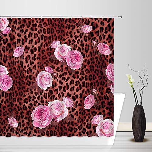 Cortina de chuveiro de flor de leopardo marrom animal selvagem impressão de animal rosa fofa rosa Floral Dia dos namorados criativos Arte moderna decoração de banheiro cortina de tecido com ganchos