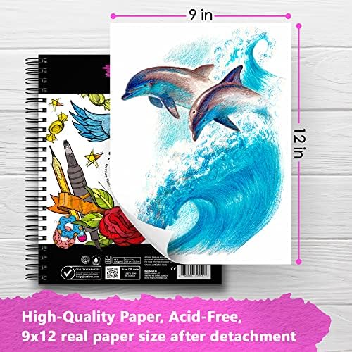 Artista 9x12 Conjunto de livros de esboço premium, Spiral Bound, pacote de 2, 200 folhas, papel de desenho sem ácido, ideal para crianças, adolescentes e adultos.